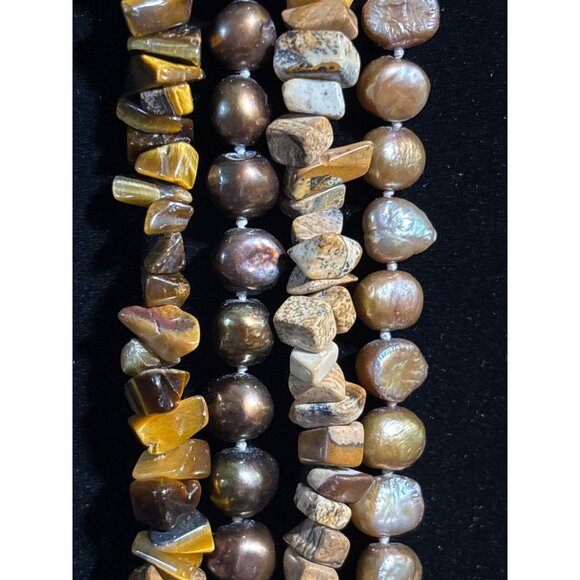 Multi-Strand 18" Sterling silver Necklace W/ Bronze Pearls Tigers Eye Jasper & C - Picture 4 of 12